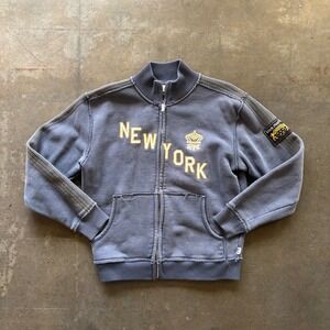 Y2K Blue Marlin New York Full Zip Jacket Mens Medium Distressed Gray Embroidered